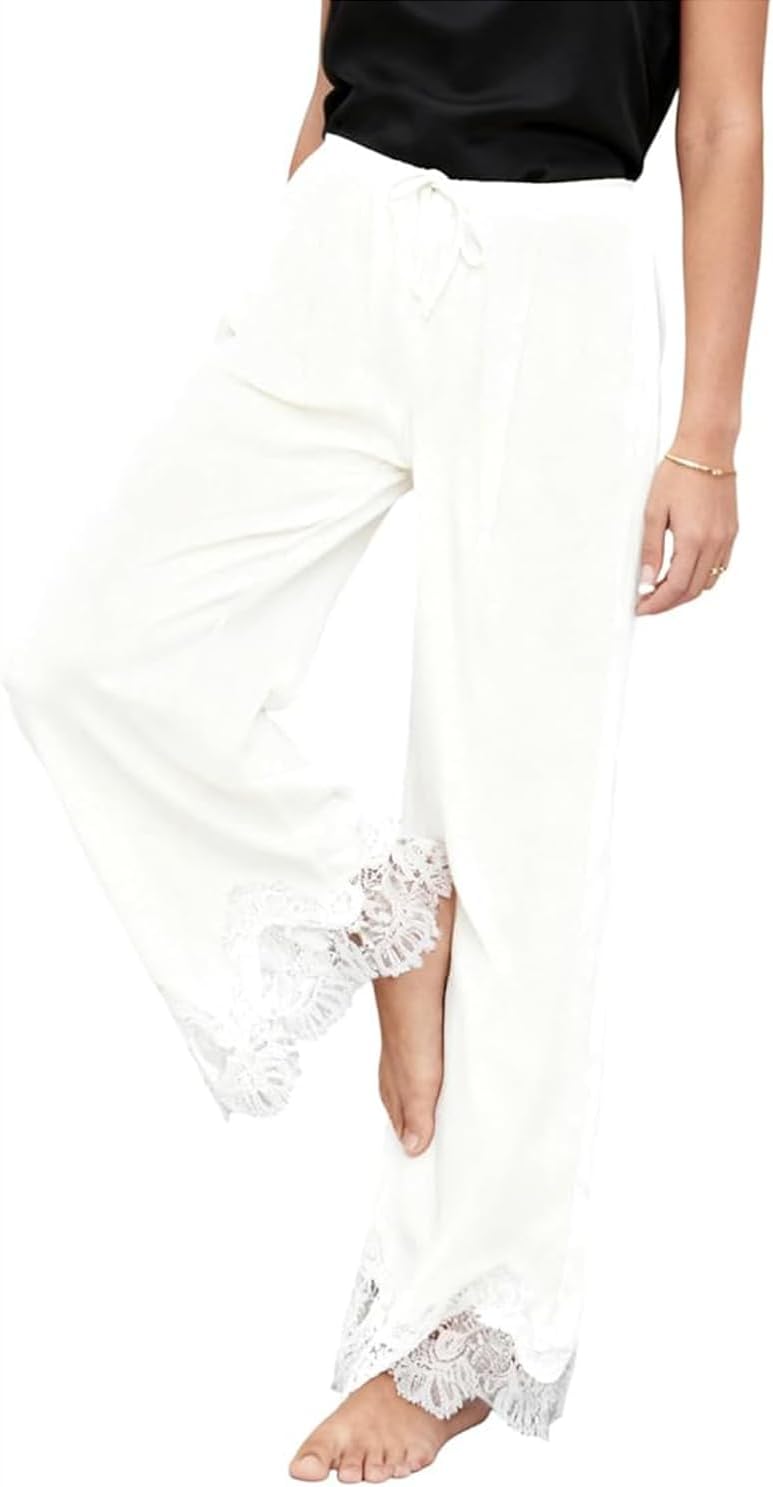 Lace Trim Satin Pants for Women Full Slips Solid Color Wide Leg Pjs Trousers Elastic Waist Pajama Bottoms Streetwear