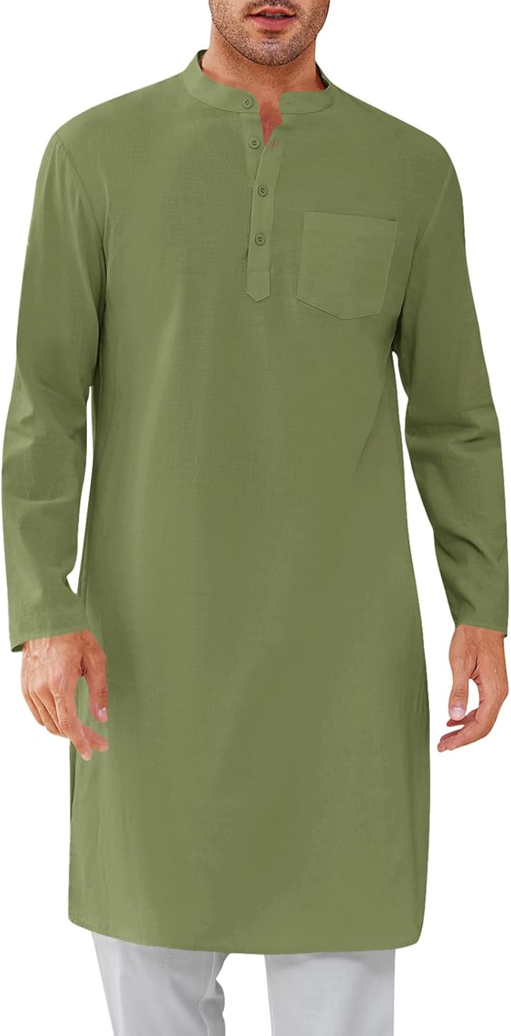 Gafeng Mens Kaftan Robe Button Down Long Sleeve Henley Cotton Thobe Casual Side Split Gown Shirt