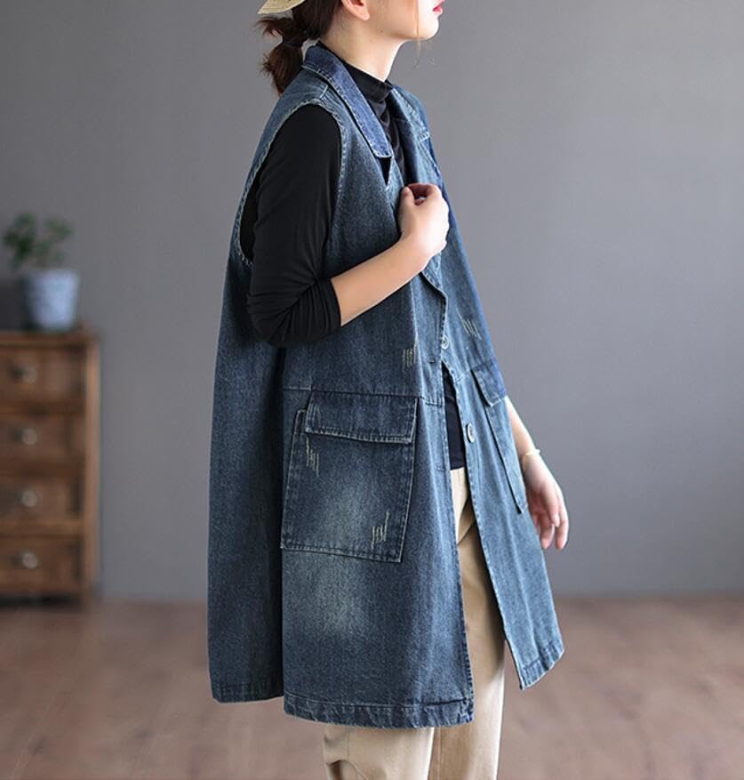 M-2XLサイズ デニムベスト レディース ライトアウター ベスト ノースリーブ ロングベスト デニムジャケット ブルー