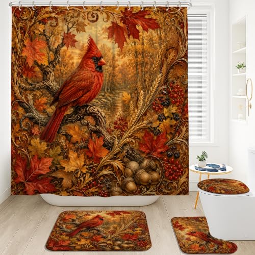 Rideaux de douche cardinaux nature branches automne avec tapis de bain - 3