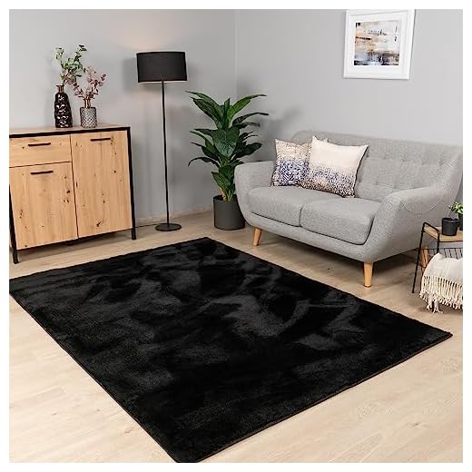 Paco Home Tapis Salon Chambre Adulte Poils Ras Lavable en Machine Uni Moelleux, Dimension:60x100 cm, Couleur:Noir