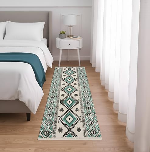 Image of SAGON 2x5 Ft Printed Runner Carpet - Cotton Bedside Rug for Bedroom & Living Room (Teal Green Geomatric)