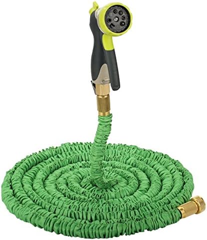 Evigreen 50FT Green Expandable Garden Hose Durable Latex Hose Pipe Strongest Fabric Cover Brass Connector with 8 Pattern Spray Nozzle