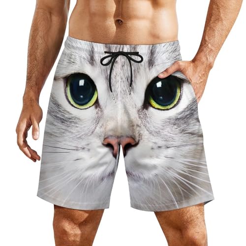 Mens Swim Trunks with Compression Liner, Cute Cat Kitten Face Printed Board Shorts
