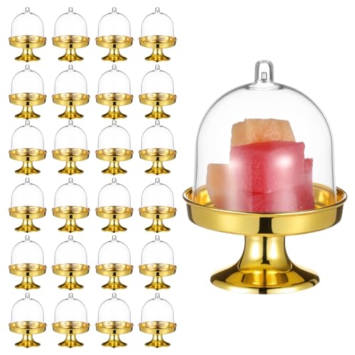 Nodaaiie 24 Pcs Mini Plastic Cupcake Stand with Dome Cover, Mini Cake Plate Stand, Gold Clear Small Cake Display Holder for Chocolate, Dessert, Wedding, Birthday, Baby Shower and Tea Party Supplies