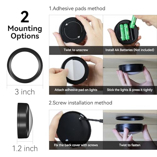 Image of LED Puck Lights with Remote, 13-Color Under Cabinet Lighting Wireless, Battery Operated Stick-On Lights, Dimmable Push Light for Closet /Shelf /Wall (Black-3 Pack)