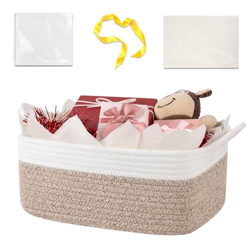 Image of OIASKET Gift Basket Empty with Handle, Small Woven Baskets for Gifts Empty | 13.6 inchx10 inchx5.9 inch, Baby Shower Toy Storage Baskets, Dog Toy Storage for Organizing, with Gift Bag Ribbon Tissue Paper