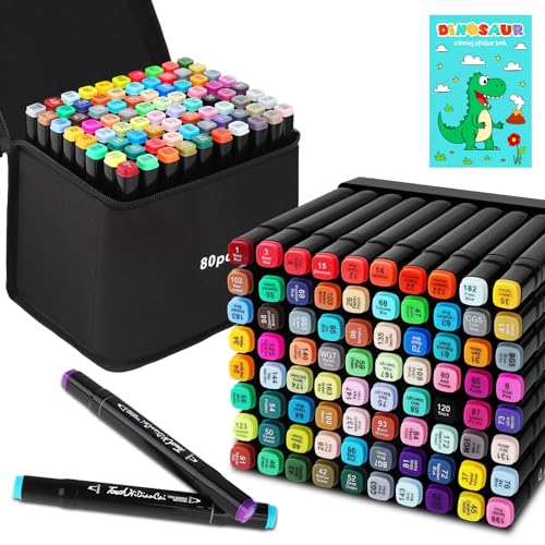 USHOP Marcatore 80 Colori,Pennarelli ad Alcool,Pennarelli Punta Doppia,Marcatore Set con Borsa e Distanziatore,Con libro da colorare,per Colorazione Scrivere e Disegnare,per Bambini e Adulti