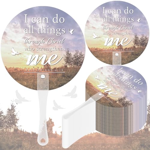 Image of 50 Pcs Church Fans Handheld Bulk Christian Inspiration Religious Gifts Bible Verse Scripture Gifts Hand Fans with Plastic Handle for Women Men Easter National Day of Prayer Holy Lent Decor(Sky)