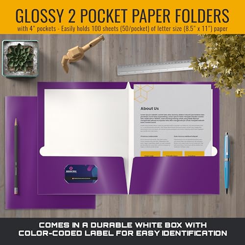 Image of Better Office Products 2 Pocket Glossy Laminated Purple Paper Folders, Letter Size, Purple Paper Portfolios, Box of 25