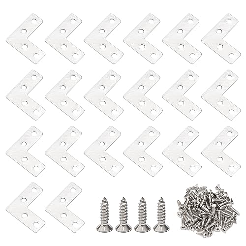 Unxuey Flat L Shaped Brackets, 20Pcs 40mm x 40mm/ 1.57 x 1.57inch Stainless Steel Corner Braces