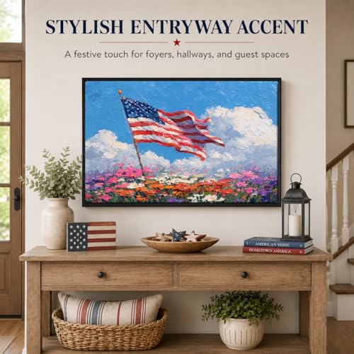 Image of American Flag Framed Canvas Wall Art, 4th of July Floral Canvas Prints, Wildflower Landscape Patriotic Decorations, Vintage Rustic Independence Day Wall Decor for Bedroom Living Room Office 8x10