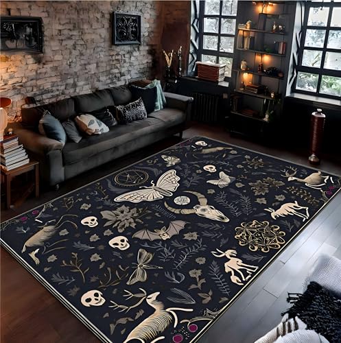 SOJAWA Gothic Dark Art Living Room Rug 60x90cm Skull Bat Butterfly Mysterious Unique Soft Carpet Non-Slip Floor Mat for Bedroom Game Room Lounge Studio Apartment Home Decor
