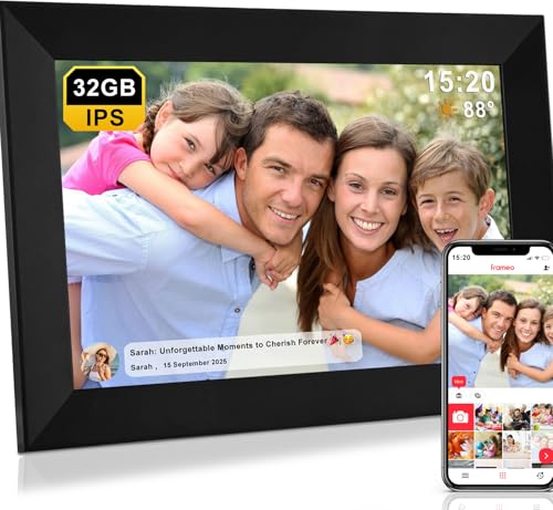 Frameo 32Go Cadre Photo Numérique WiFi 10,1 Pouces, Écran Tactile HD 1280x800 IPS pour Partager Photos et Vidéos, Support Multilingue, Rotation Automatique, Montage Mural (Noir)
