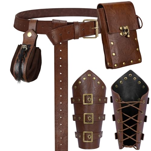 Image of Renaissance Belt Pouch Medieval Viking Leather Bracers Set for LARP
