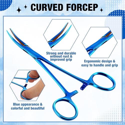 Image of BBTO Hemostat Curved and Straight Hemostat Forceps Piercing Pliers Forceps, Stainless Steel Straight and Curved Pliers, Fishing Tweezer(Blue,2 Pcs)
