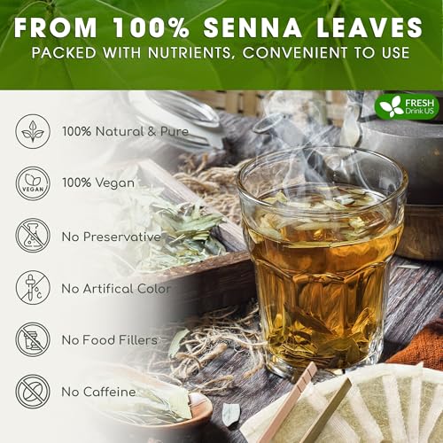 Image of FreshDrinkUS, Premium 135 Senna Leaf Tea Bags for Constipation, Supports Your Cardiovascular System, 100% Natural & Pure. Loose Leaf Senna Herbal Tea, Made with Natural Material Tea Bags. Non GMO, No Sugar / Caffeine / Gluten, Vegan.