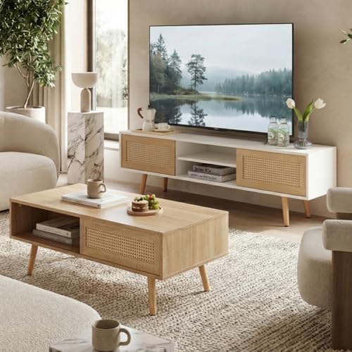 YOUGUO Boho Coffee Table & TV Stand Set of 2, Sliding Door Storage, Natural