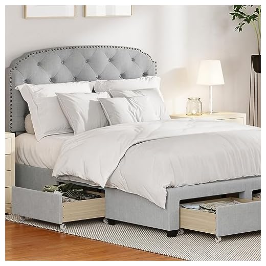 DG Casa Argo Upholstered Panel Bed Frame with Storage Drawers and Diamond Button Tufted Nailhead Trim Headboard, Full Size in Platinum Fabric