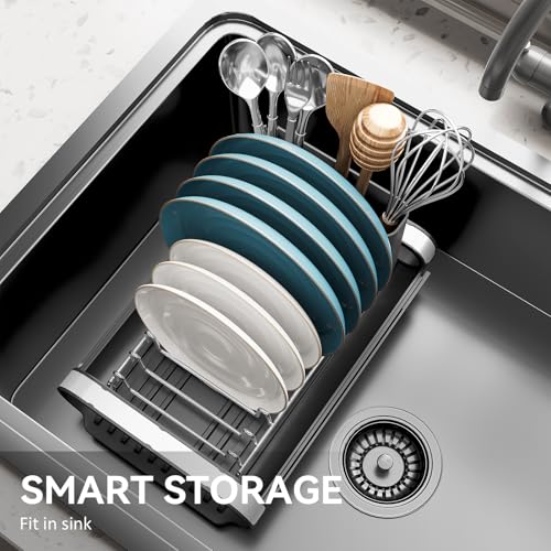 Image of Small Dish Drying Rack, Mini Expandable Compact Dish Rack, Slim Extendable Stainless Steel Dish Drainer for Kitchen Plate Storage, Space Saving Dish Strainer in Sink or on Home Countertop, Black
