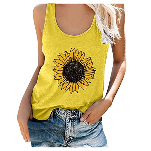 Womens Summer Sunflower Graphic Tank Tops, Daisy Sleeveless Camisole Vest Casual Baggy Basic Tee Shirts Cute Printed Yoga Running Workout T-Shirt Blouse Teen Girls(Yellow,Large) #TOP5