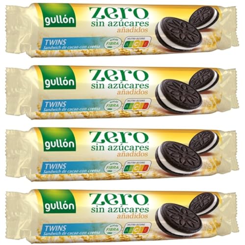 Gullón Zero Twins Doppelkekse Kakaokeks mit Cremefüllung ohne Zuckerzusatz ballaststoffreich 4er Pack