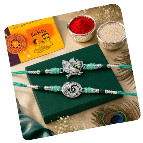 Image of CraftVatika Silver Plated Rakhi Set of 2 for Brother Boy Men, Designer Ganesha Radhe Krishna Rakhi for Brother, Premium Thread for Rakshabandhan Festival with Best Wishes Card and Tillak Set for Him