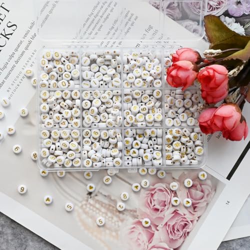 Image of Amaney 600pcs Gold Number Beads 0-9 Symbol # Heart Acrylic Beads 7x4mm White with Storage Box