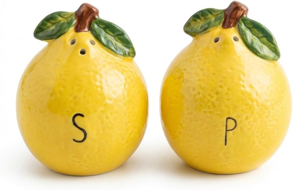 Whistywares Lemon Salt and Pepper Shakers Set - Colorful Ceramic Design - 200ml, 105g - Non-Fading, Dishwasher Safe, Easy Refill - Stable Base - Citrus Kitchen Essential, Home Decoration