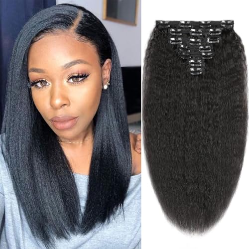 FANCEE Kinky Straight Clip in Hair Extensions for Black Women Full Head Yaki Straight Clip Ins Synthetic Hair Extensions (14 inch, Black)