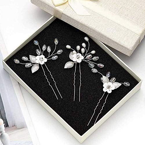 Catery Flower Bride Wedding Hair Pins Clip Set Leaf Crystal Pearl Hair Pieces Jewelry Headpieces Bridal Decorative Hair Accessories for Women (Pack of 3)