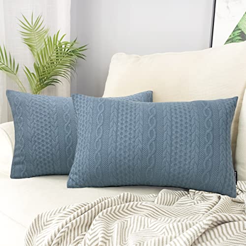 Booque Valley Rectangular Throw Pillow Covers, Pack Of 2 Super Soft Elegant Modern Knit Lumber Light Blue Cushion Covers, Oblong Pillowcases For Sofa Bed Car Chair, 12 X 20 Inch(Grey Blue) #TOP1