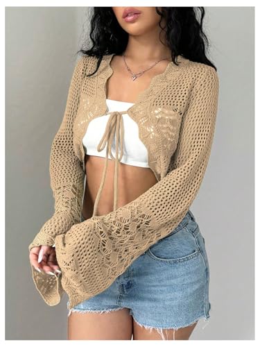 Image of OYOANGLE Women's Crochet Tie Front Sweater Cardigans Bell Sleeve Knitted Cropped Bolero Shrug Cardigan