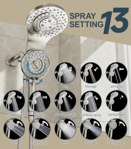 Ducha tipo lluvia con cabezal de mano, ducha dual con 13 funciones de alta presión, combo 2 en 1 con manguera de 72 pulgadas, acabado níquel cepillado miniatura 5