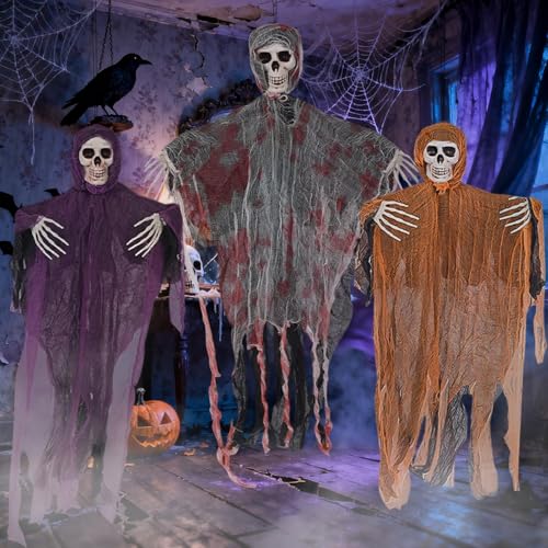 Meriviva Halloween Decorations Outdoor Skeleton Ghost 3 Pack Halloween Hanging Ghost Skeleton Decorations Insertable Flying Ghost for Door Window Garden Haunted House