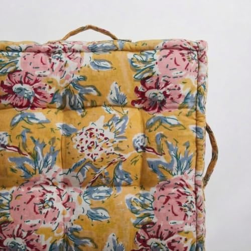 Image of Low Seating Floor Cushion 70 x 152 cm with 2 Back Support Cushions | Thick Quilted Cotton Floor Mattress Pad | Floral Printed Gadda for Sitting, Meditation, Yoga & Living Room Floor Seating