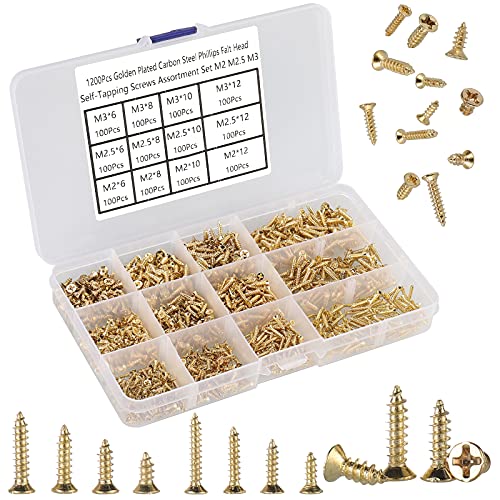 Hantof 1200Pcs M2 M2.5 M3 Small Phillips Flat Head Self Tapping Screws For Wood,Plastic And Soft Metal,Countersunk Head Tapper Screws Set For Diy Micro Woodworking Furniture Box,Carbon Steel-Golden #TOP6