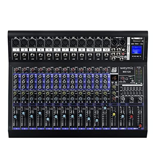 Weymic MX-120 Mezcla profesional (12 canales) para grabar el efector DSP de karaoke escénico dj, con unidad USB para grabar entradas, enchufe de micrófono xlr, fuente de alimentación 48v, salida RCA