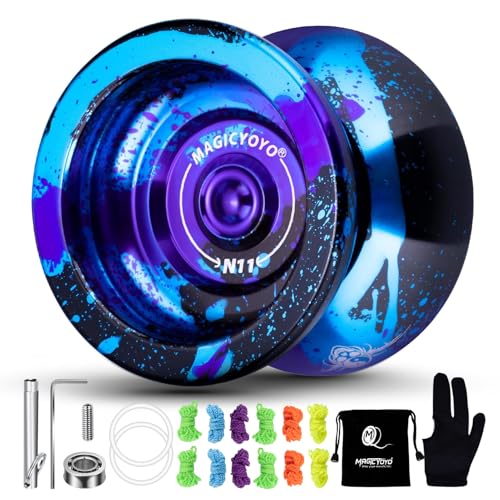 Image of MAGICYOYO Dual Purpose Yoyo N11 Responsive Yo Yo for Kids 8-12 or Above & Unresponsive Bearing Kit for Advanced + Protect Glove + Bag + 12 Replacement Strings (Black Blue Purple)