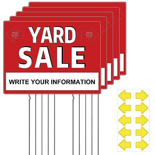 Barydat 5 Pack 12 x 16 Inch Yard Sale Signs Double Sided for Sale Sign Corrugated Plastic Red White Yard Sale Supplies with Arrow Sticker and 10 Metal Stakes for Outdoor Business Use