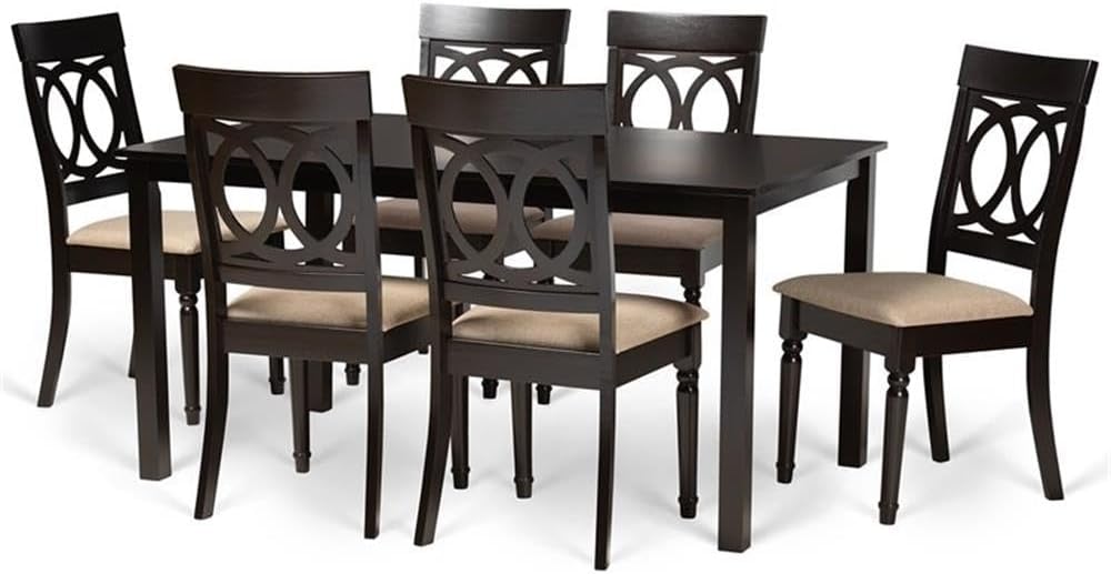 BOWERY HILL 7-Piece Dining Set, Sand and Dark Brown Finished Wood, Includes 1 Rectangular Table and 6 Upholstered Chairs, Foam-Padded Seat, Cut-Out Back Design, Classic Style for Kitchen or Dining