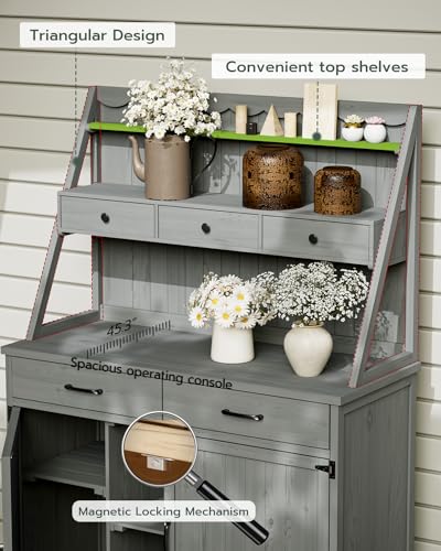 Oarlike 65” Potting Bench Table for Outside, Garden Table for Outdoors with Storage Cabinet, Shelves, Drawers, Work Bench for Planting, Gardening (Gray)