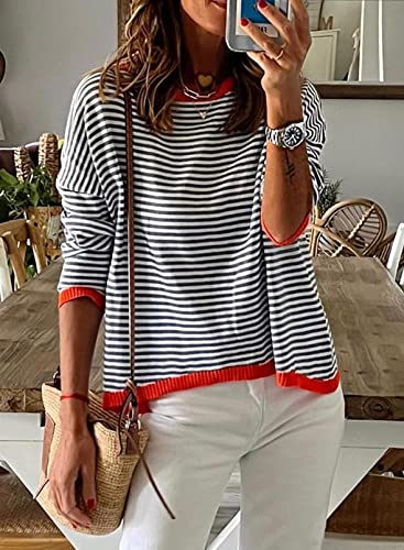 Image of Womens Striped Lightweight Cotton Sweaters Long Sleeve Crew Neck Color Block Casual Knitted Pullover Tops