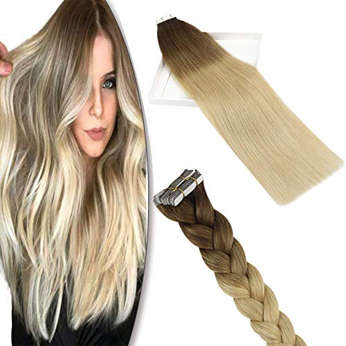 Tape in Human Hair Extensions Ombre Balayage Skin Weft Tape in Extensions Remy Medium Brown to Bleach Blonde 18inch 20pcs 50g