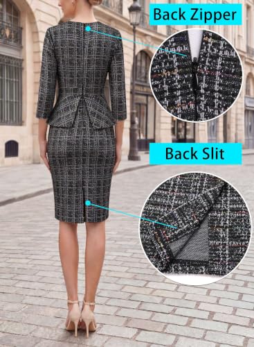 Image of VFSHOW Womens Pleated Crew Neck Peplum Slim Work Business Bodycon Dress | 3 /4 Sleeves, Professional Elegant Church, Funeral, Spring Fall, Fitted Office Pencil Sheath Dress