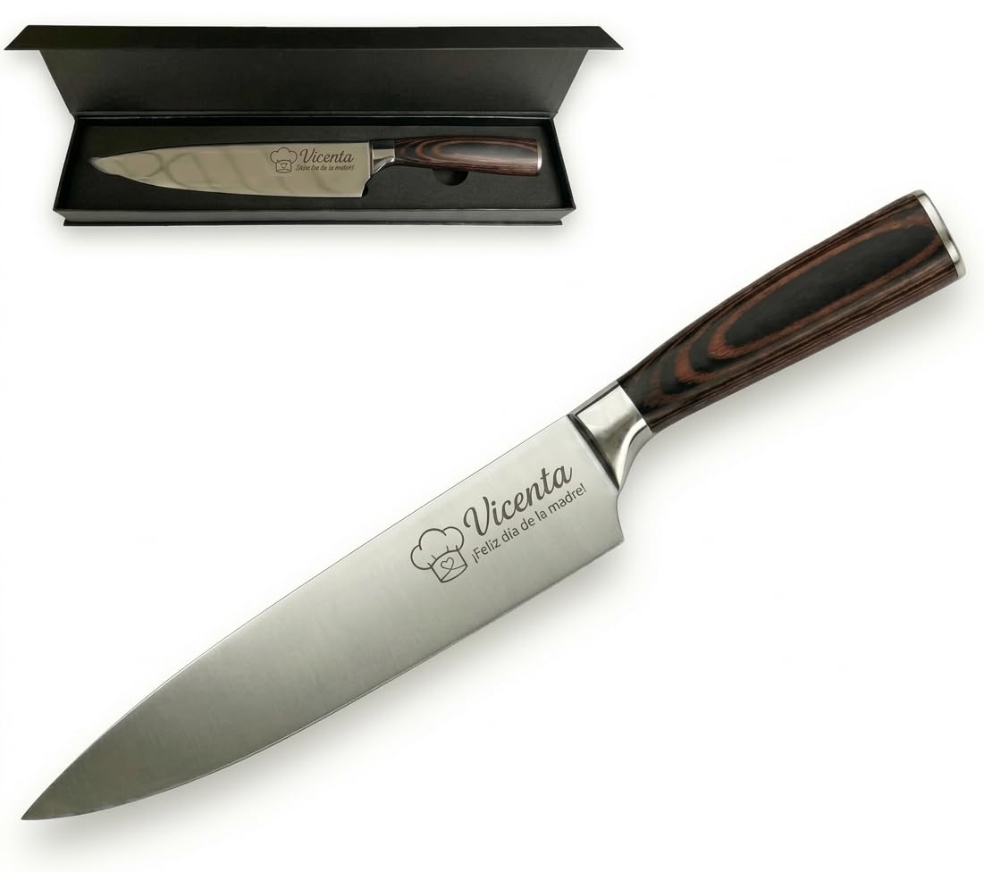 Cuchillo de Chef Profesional Personalizado con Nombre, (21 cm) – Regalo Original para Mujer, Hombre y Amantes de la Cocina – Día de la Madre y Cumpleaños – Estuche Premium Incluido, (21)