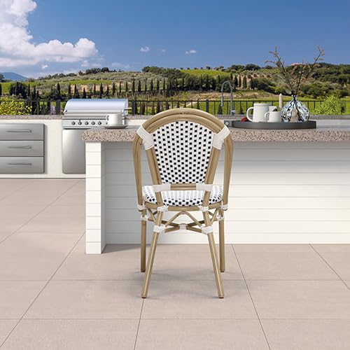 Image of PURPLE LEAF Outdoor Dining Chair Set of 1 Patio French Aluminium Frame in Champagne Finish with Sky Blue & White Woven Rattan for Indoor Kitchen Deck Bistros Cafe Restaurant