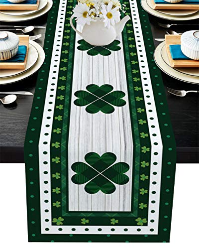 GreaBen Table Runner for Party Wedding Kitchen Dining Table Home Decorations,Classic Shamrock Clover Design St. Patrick's Day Washable Cotton Linen Table Runners 13x90in
