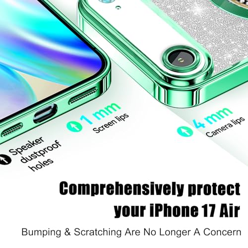 Image of Misscase for iPhone Air Magnetic Glitter Case Compatible with MagSafe,Full Protection Slim Shockproof Case with Camera Lens Protector Plating Bling Cover Case for iPhone 17 Air 6.5 inch Green