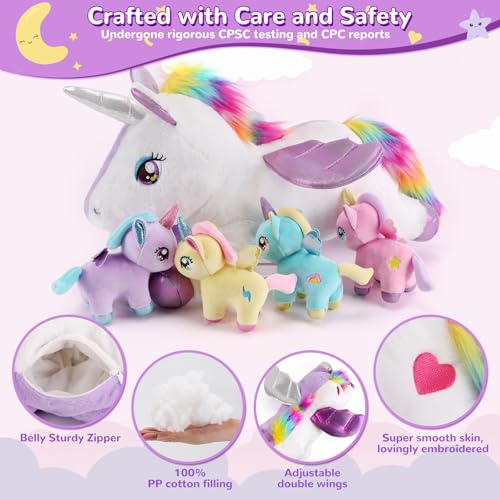 Image of 5 Pieces Unicorn Stuffed Animals - 1 Mommy Stuffed Unicorn with 4 Babies - Unicorns Gifts for Girls Ages 3 4 5 6 7 8, Unicorns Plush Toys for Christmas, Valentine's, Birthday Gifts (Purple)